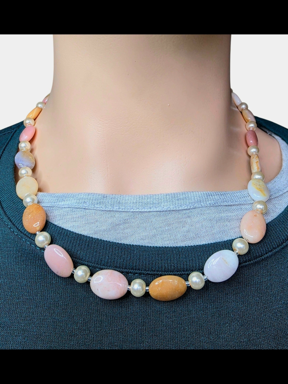 Pink Opal Necklace with Glass Pearl Accents Sterling Silver